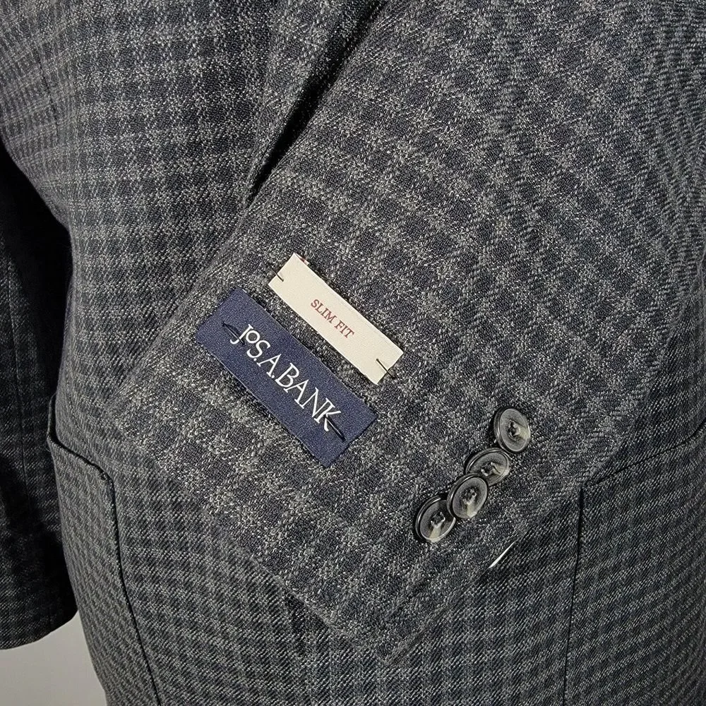 JOS A BANK Men's Sport Coat Two‎ Button Gray Black Check Wool Blend Slim Fit 46R